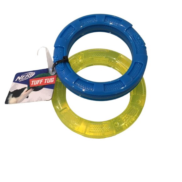 NERF DOG 4 1/2" Tuff Tug 2 Ring Dog Toy Royal Blue Lime - Picture 2 of 3